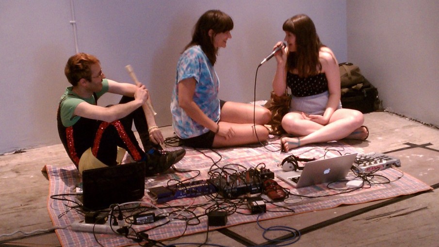 Alexa Dexa chats with fellow musicians at the John Cage MusiCircus at Roulette.