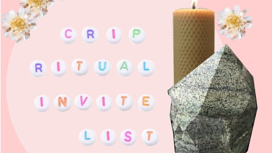 Little jewelry beads with different colored alphabet letters spell out crip ritual invite list. A beeswax candle and a serpentine crystal stand sentry to the right and a crown of feverfew flowers arcs over the lot on a pastel pink background.
