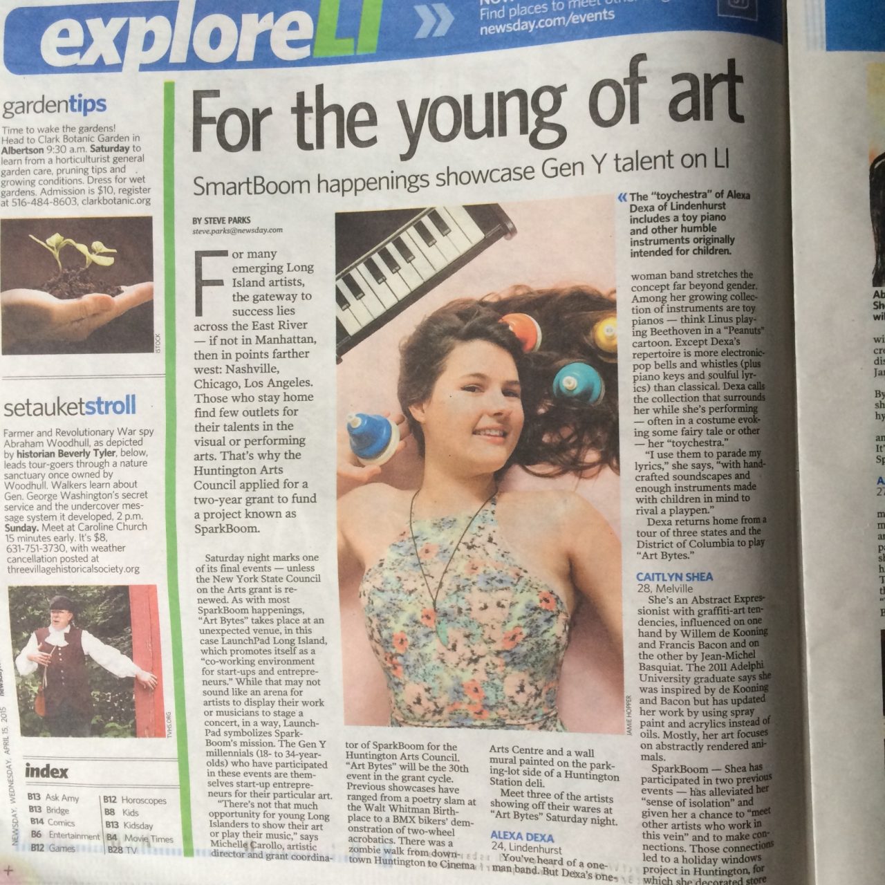 A Newsday article featuring Alexa Dexa and their toychestra. The article title reads "For the young of Art. SmartBoom happenings showcase Gen Y talent on LI".  