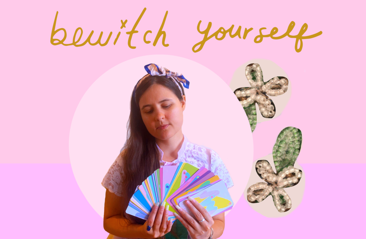 Bewitch Yourself is handwritten in gold. Beneath, Alexa Dexa (a white femme with long brown hair with a bow in it) holds their Sacrosanct Oracle//Composition Deck in their hands, pastel multicolored oracle messages that double as graphic scores facing out. A light pink circle surrounds them on a darker pink background. Two cream colored flowers with a single leaf made of beads float beside Alexa to the right.