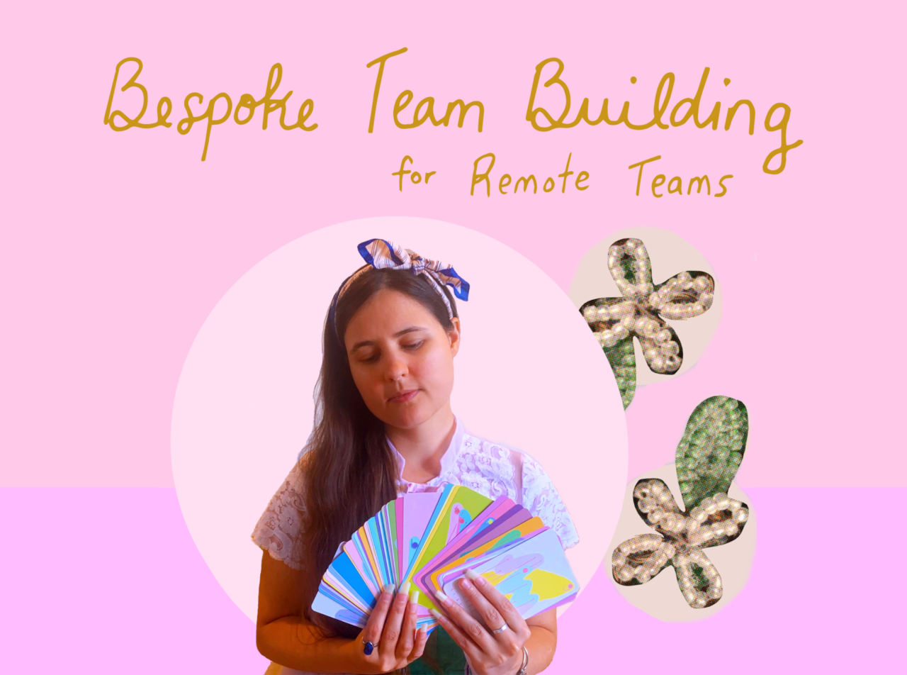 Bespoke Team Building for Remote Teams is handwritten in gold. Beneath, Alexa Dexa (a white femme with long brown hair with a bow in it) holds their Sacrosanct Oracle//Composition Deck in their hands, pastel multicolored oracle messages that double as graphic scores facing out. A light pink circle surrounds them on a darker pink background. Two cream colored flowers with a single leaf made of beads float beside Alexa to the right.