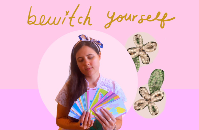 Bewitch Yourself is handwritten in gold. Beneath, alexa dexa (a white femme with long brown hair with a bow in it) holds their sacrosanct oracle//composition deck in their hands, pastel multicolored oracle messages that double as graphic scores facing out. A light pink circle surrounds them on a darker pink background. Two cream colored flowers with a single leaf made of beads float beside alexa to the right.