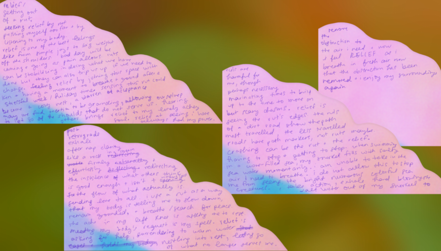 the songspell we co-crafted together is written in alexa dexa's handwriting in purple on a pink glitch art background. beyond the pink glitch float a soft blur of green ruffles in warm golden light. all text is shared under libretto heading.