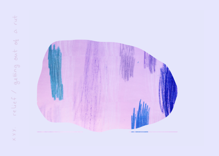 alexa dexa's dreaming our futures + embodying our dreams oracle//composition card reads "relief / getting out of a rut". it features purple and blue and pink crayon colors just sort of scribbled vertically up and down inside of a sort of cloud shape.