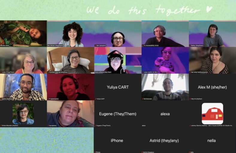 group screenshot of folks joining for dreaming our futures + embodying our dreams. from left to right / top to bottom we have alexa dexa, bec miriam, ken, x, bailey, josie, cynthia ling lee, moira wiliams, jules, kat, danilo, p, yuliya, ed, alex m, krista miranda, laura, eugene, alexa, jeremy dennis - ma's house & bipoc art studio inc., iphone, astrid, and nella.