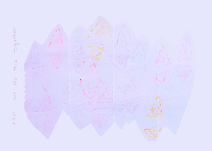 alexa dexa's dreaming our futures + embodying our dreams oracle//composition card reads we do this together. it features a collection of little dotted lines that form many different interlocking triangles and they're all in this very sort of pale purply pinky very pastel, faint.  the shapes are a little bit like mountain tops that are like jagged above and below. 