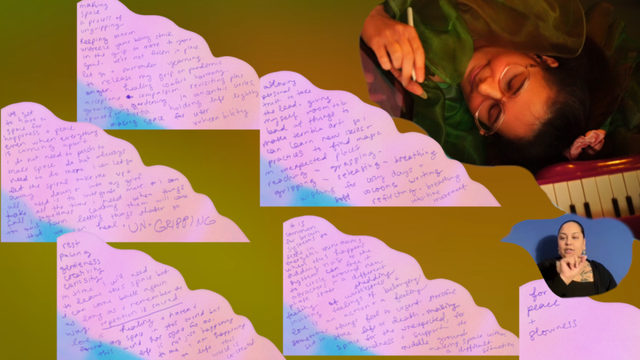 the songspell we co-crafted together is written in alexa dexa's handwriting in purple on a pink glitch art background. beyond the pink glitch float a soft blur of green ruffles in warm golden light. to the top right, alexa dexa is pictured, writing this text. below them, gaitrie persaud is signing the libretto being written. all text is shared under libretto heading. 