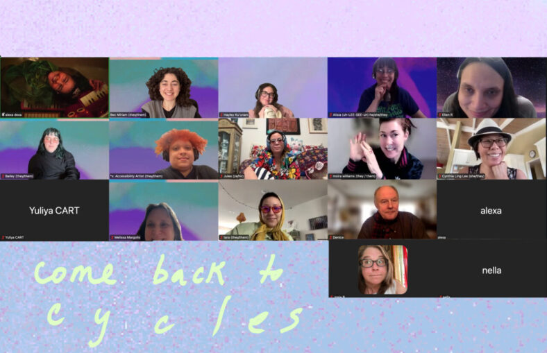 group screenshot of folks joining for dreaming our futures + embodying our dreams. from left to right / top to bottom we have alexa dexa, bec miriam, hayley ku'unani, alisia, ellen, bailey, x, jules, moira wiliams, cynthia ling lee, yuliya, melissa margolis, tara, denice, alexa, josie, and nella.