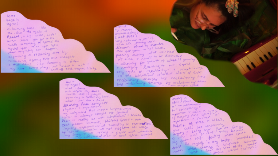 the songspell we co-crafted together is written in alexa dexa's handwriting in purple on a pink glitch art background. beyond the pink glitch float a soft blur of green ruffles in warm golden light. to the top right, alexa dexa is pictured, writing this text. all text is shared under libretto heading. 