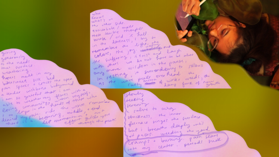 the songspell we co-crafted together is written in alexa dexa's handwriting in purple on a pink glitch art background. beyond the pink glitch float a soft blur of green ruffles in warm golden light. to the top right, alexa dexa is pictured, writing this text. all text is shared under libretto heading. 