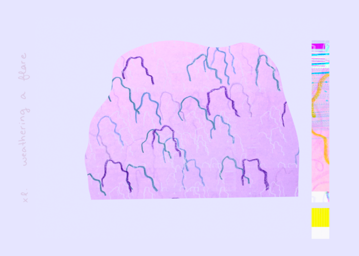 alexa dexa's dreaming our futures + embodying our dreams oracle//composition card reads weathering a flare and it's got like a little mountain or boulder shape that's kind of in a bright pink and then a bunch of smaller same shapes as little lines in different blues and purples and so they are sort of like squiggle mounds that come up and around and down again.  then off to the right-most portion of the card there's like a glitch color spectrum almost like if you were looking inside of a spectrometer maybe and you saw the colors of the frequencies, different frequencies and just like lines and sort of spikes in different sections.  