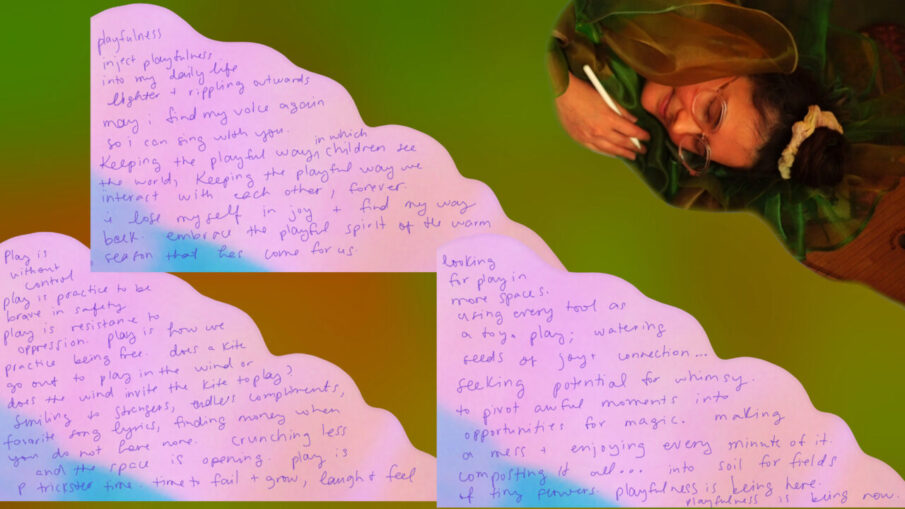 the songspell we co-crafted together is written in alexa dexa's handwriting in purple on a pink glitch art background. beyond the pink glitch float a soft blur of green ruffles in warm golden light. to the top right, alexa dexa is pictured, writing this text. all text is shared under libretto heading.
