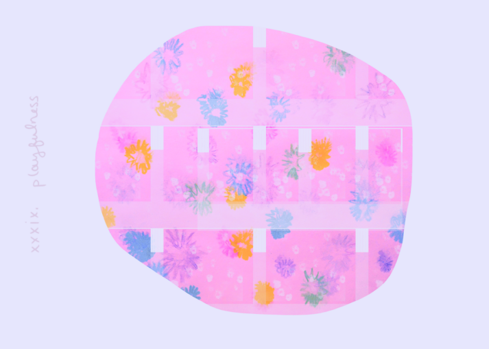 alexa dexa's dreaming our futures + embodying our dreams oracle//composition card reads playfulness and it's sort of a little bit of a kind of misshapen circular shape with a bunch of small rainbow colored little kind of almost floral shapes that are scattered around inside of this sort of bright pink misshapen circle. and there are also some white glitch spaces that are like little rectangles and lines that are glitched out on the inside of this misshapen circle shape