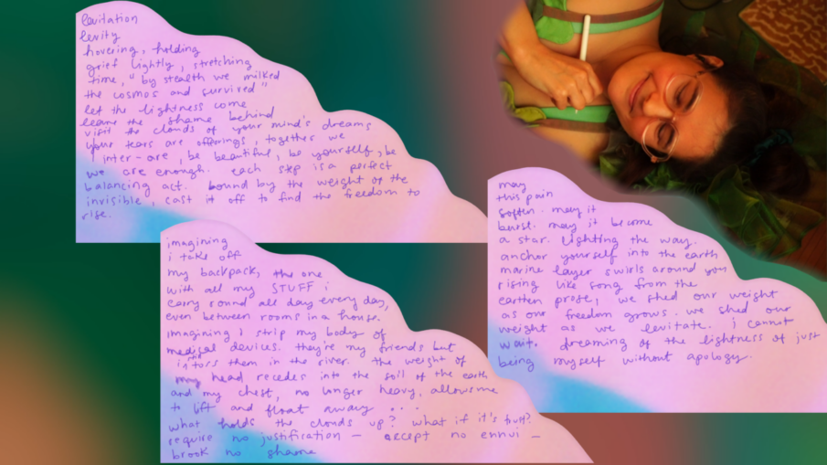 the songspell we co-crafted together is written in alexa dexa's handwriting in purple on a pink glitch art background. beyond the pink glitch float a soft blur of green ruffles in warm golden light. to the top right, alexa dexa is pictured, writing this text. all text is shared under libretto heading.