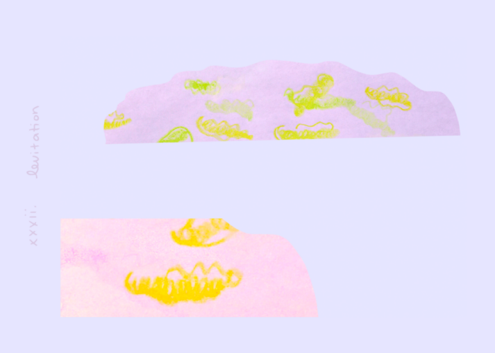 alexa dexa's dreaming our futures + embodying our dreams oracle//composition card reads levitation and it features sort of like bright green and bright greenyellow squiggles, just little crayon squiggles that are floating inside of two bright pink but very not . . . sort of faded imagery, so it's a bright pink, but it's - maybe hot pink is the word that i'm looking for because there's not a lot of contrast. and so there are two pink clouds that these little greenyellow and bright yellow squiggles are floating inside of. and the clouds are offset from each other. one is larger, one is smaller. one is more forward in the perspective.