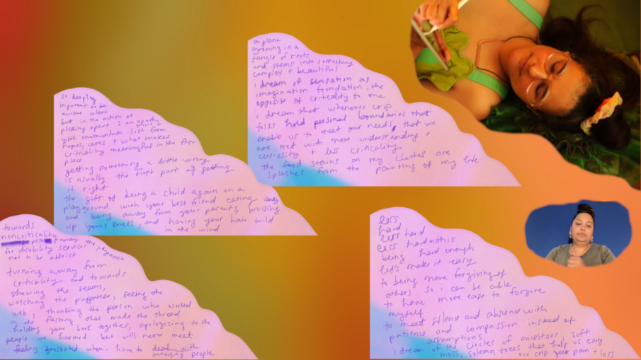 the songspell we co-crafted together is written in alexa dexa's handwriting in purple on a pink glitch art background. beyond the pink glitch float a soft blur of green ruffles in warm golden light. to the top right, alexa dexa is pictured, writing this text. all text is shared under libretto heading.
