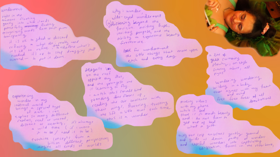the songspell we co-crafted together is written in alexa dexa's handwriting in purple on a pink glitch art background. beyond the pink glitch float a soft blur of green ruffles in warm golden light. to the top right, alexa dexa is pictured, writing this text. all text is shared under libretto heading.
