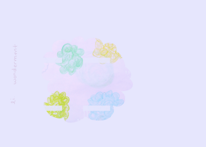 alexa dexa's dreaming our futures + embodying our dreams oracle//composition card reads wonderment and it features a handful of different crayon scribbles scribbled into cloud shapes, just not uniform.  But colored in nicely.  Different little cloud shapes and they are inside of a larger glitched out cloud background shape.  So just little like clouds within clouds, off-centered, asymmetrical, floating in space and moving.