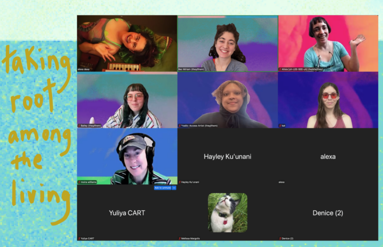 group screenshot of folks joining for dreaming our futures + embodying our dreams. from left to right / top to bottom we have alexa dexa, bec miriam, alisia, bailey, radio, kat, moira williams, hayley ku'unani, yuliya, melissa, and denice.