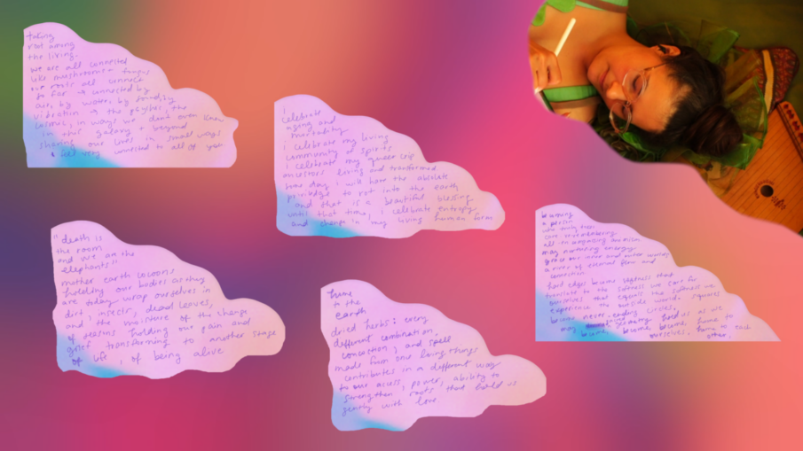 the songspell we co-crafted together is written in alexa dexa's handwriting in purple on a pink glitch art background. beyond the pink glitch float a soft blur of green ruffles in warm golden light. to the top right, alexa dexa is pictured, writing this text. all text is shared under libretto heading.