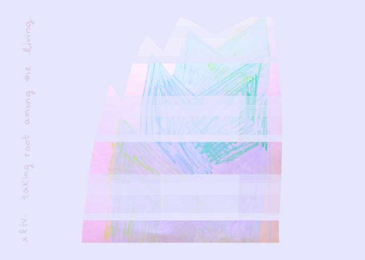 alexa dexa's dreaming our futures + embodying our dreams oracle//composition card reads taking root among the living and it features a leaf design. It's all very light rainbow pastels and it's almost like a leaf in the shape of an arrow or the letter M like pointing upwards.