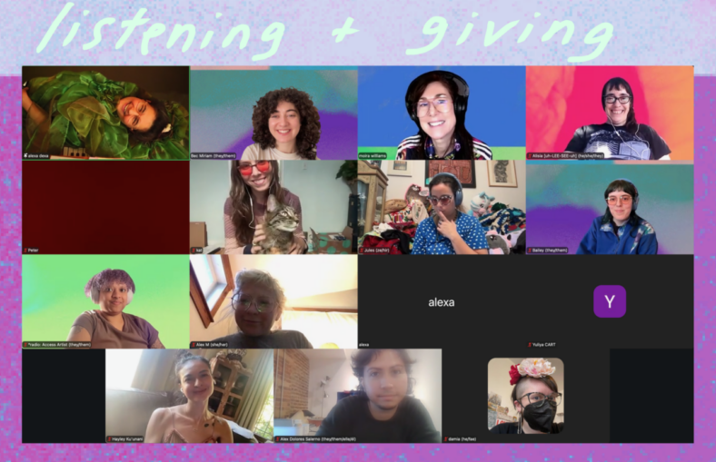 group screenshot of folks joining for dreaming our futures + embodying our dreams. from left to right / top to bottom we have alexa dexa, bec miriam, moira williams, peter, alisia, kat, jules, bailey, radio, alex, alexa, yuliya, hayley ku'unani, alex, and damia.