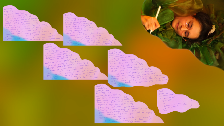 the songspell we co-crafted together is written in alexa dexa's handwriting in purple on a pink glitch art background. beyond the pink glitch float a soft blur of green ruffles in warm golden light. to the top right, alexa dexa is pictured, writing this text. all text is shared under libretto heading.